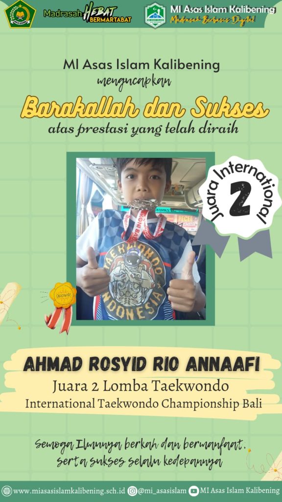Selamat Kepada Ahmad Rosyid Rio Annaafi yang telah menjadi juara 2 Lomba Taekwondo Internasional di Bali