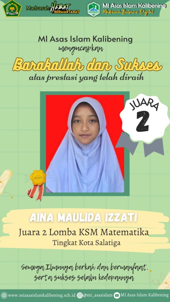 Selamat Kepada Aina Maulida Izzati yang telah menjadi juara 2 Lomba KSM Matematika